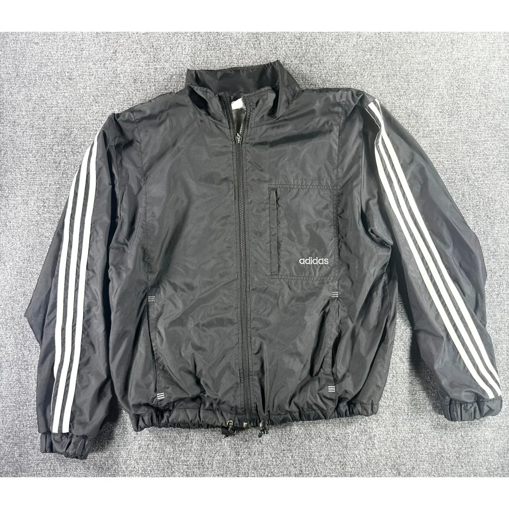 Adidas Vintage Windbreaker Jacket Black White 3 Stripe Full Zip Mens‎ Large